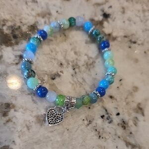 Blue and Green Beaded Bracelet with Heart Charm
